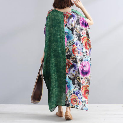 Chiffon Robes Fitted V Neck Splicing Short Sleeves Printed Summer Dress