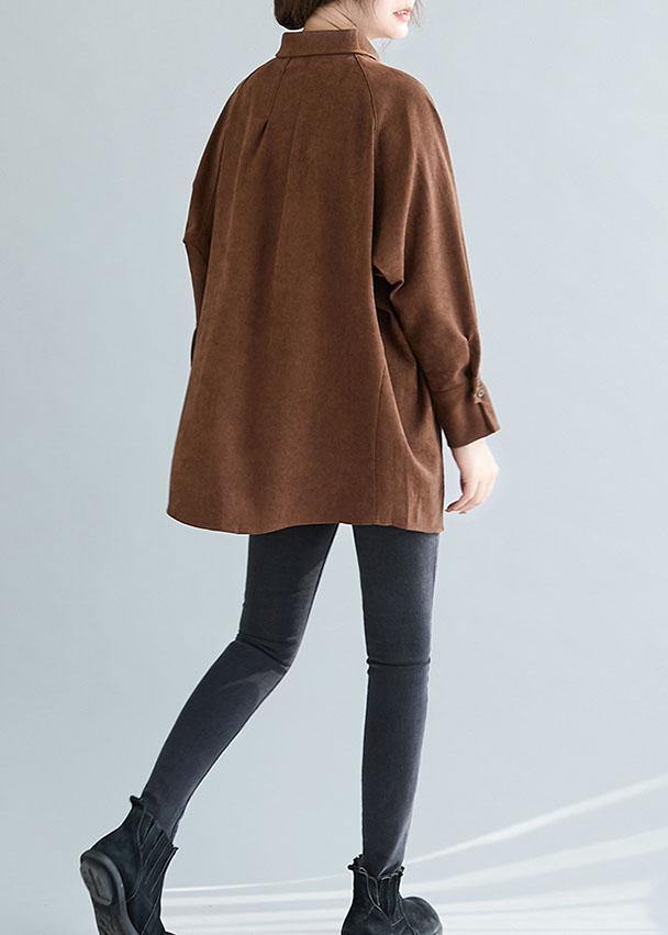 Chocolate Cotton Tops Lapel Button Oversized Spring Blouses