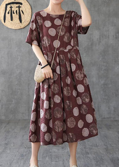 Chocolate Dotted Linen Cotton Clothes O Neck Cinched Robe Dress
