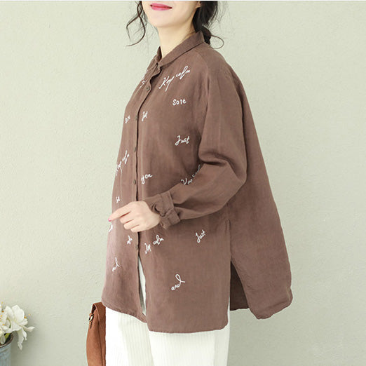 Chocolate Linen Blouse Shape Embroidery Clothing Lapel Shirts