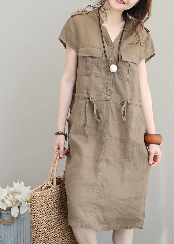 Chocolate Linen Clothes V Neck Drawstring Shift Summer Dresses