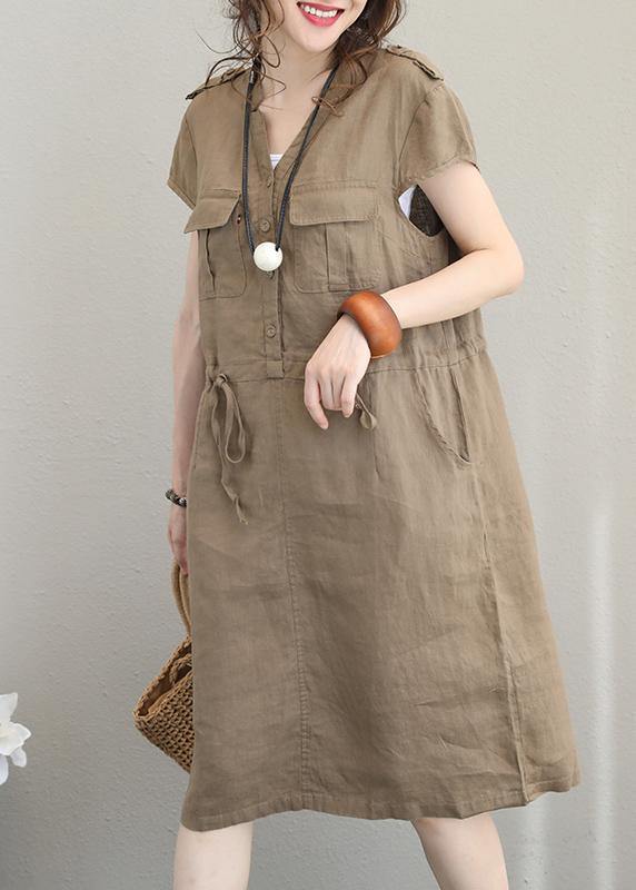 Chocolate Linen Clothes V Neck Drawstring Shift Summer Dresses