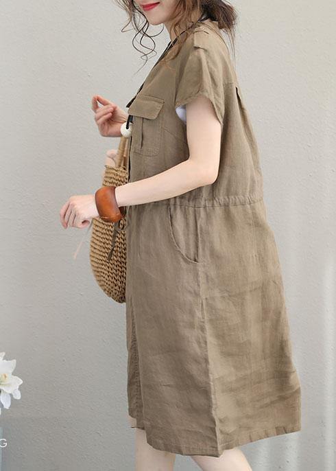 Chocolate Linen Clothes V Neck Drawstring Shift Summer Dresses
