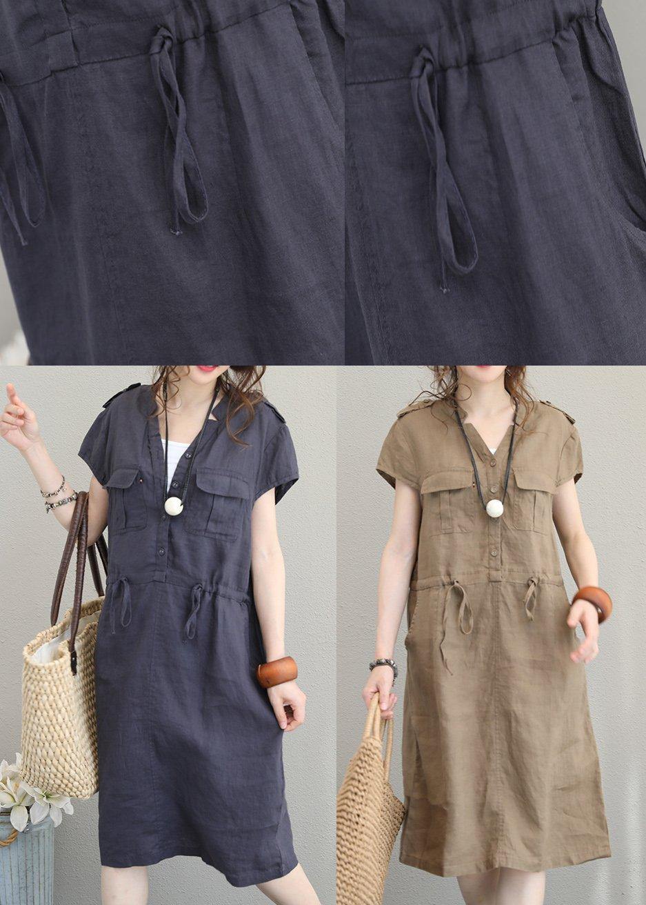 Chocolate Linen Clothes V Neck Drawstring Shift Summer Dresses