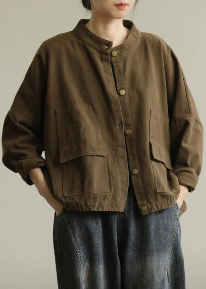Chocolate Fine Coat for Woman Stand Collar Button Down Coat