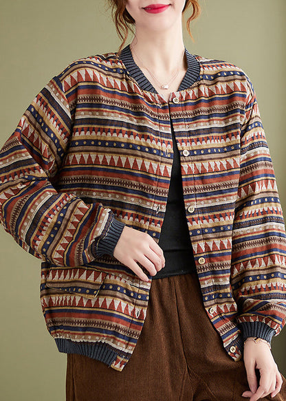 Chocolate Stand Collar Pockets Print Coat Long Sleeve