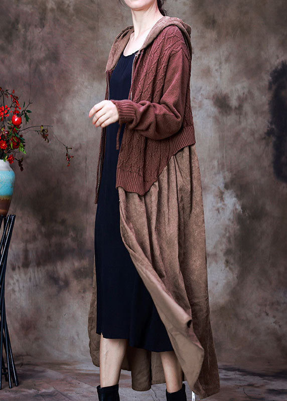 Chocolate Zippered Drawstring Hooded Patchwork Knit Coats Spring