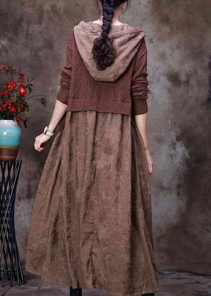 Chocolate Zippered Drawstring Hooded Patchwork Knit Coats Spring