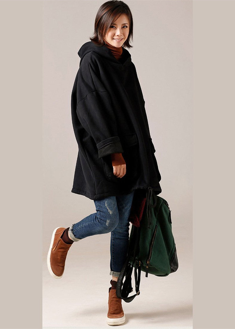 Cotton Blouses for High Neck Sewing Black Knee Blouses Hooded