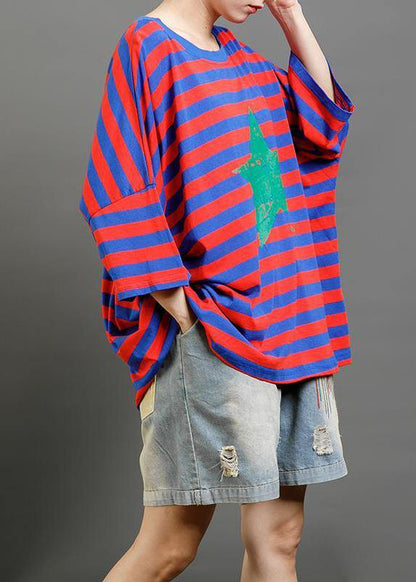 Cotton Clothes for Pakistani Red and Blue Stripes Loose Blouse