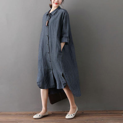 Cotton Linen Outfit Loose Irregular Hem Stripe Shirt Dress