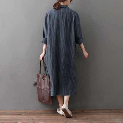 Cotton Linen Outfit Loose Irregular Hem Stripe Shirt Dress