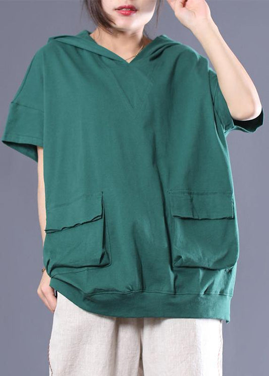 Cotton Linen Tops Cotton Hooded Double Pockets Blouse