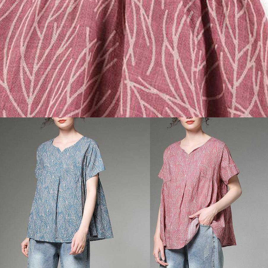 Cotton Linen Tunic Top Split Neck Blue Printed Pleated Short Sleeve T-shirt