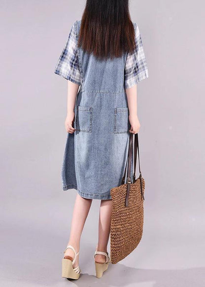 Cotton Quilting Clothes Fine Plaid Spliced Denim Fake Two Piece Dress