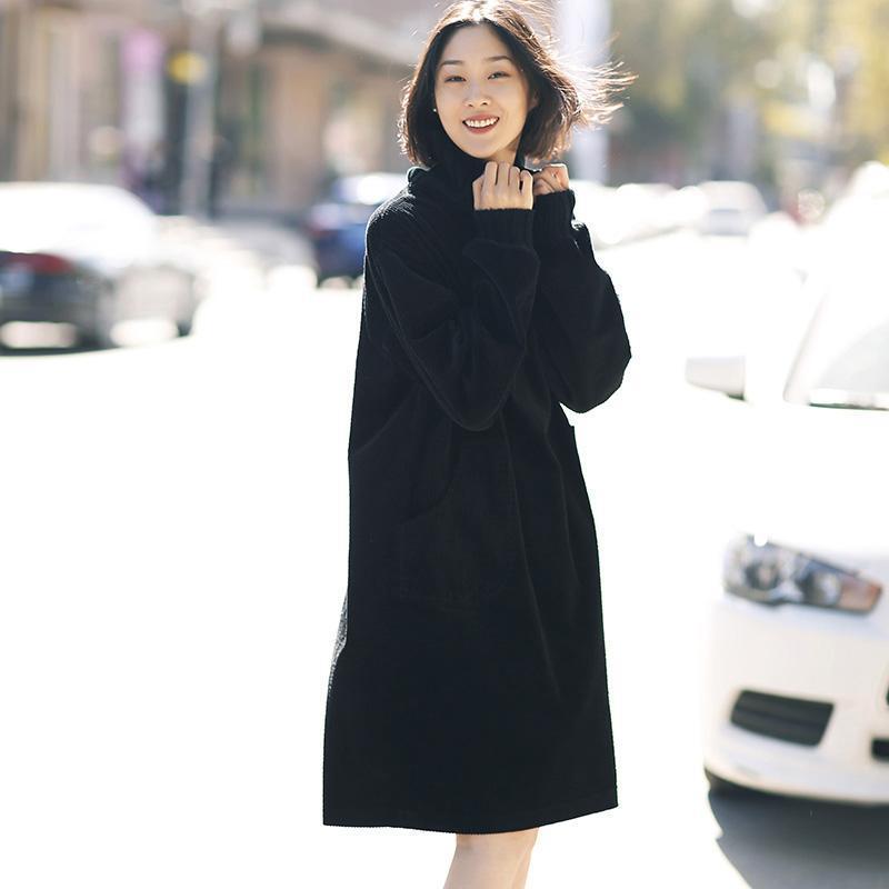 Cotton Quilting Clothes Boutique High Neck Sleeve Black Art Dress Spring