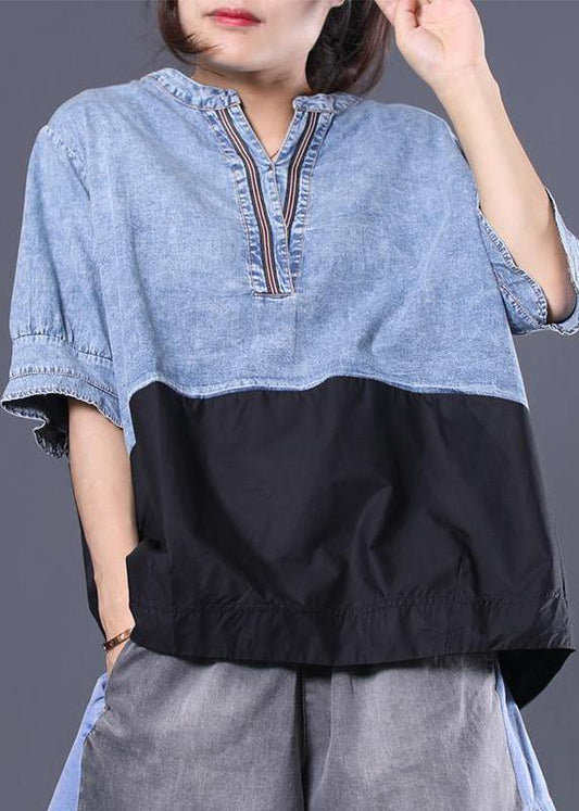 Cotton Shirts Cotton V-neck Spliced Pleated Short Sleeve Blouse