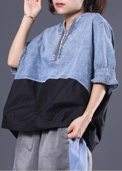 Cotton Shirts Cotton V-neck Spliced Pleated Short Sleeve Blouse