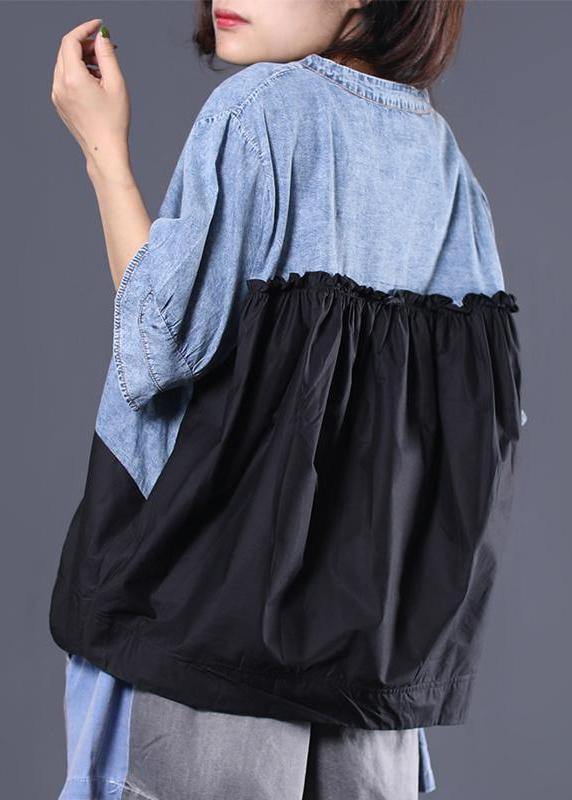 Cotton Shirts Cotton V-neck Spliced Pleated Short Sleeve Blouse