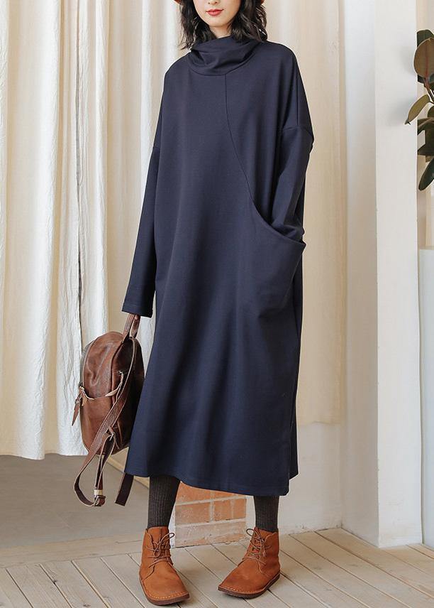 Dark Blue Cotton Tunics High Neck Patchwork Fall Dress