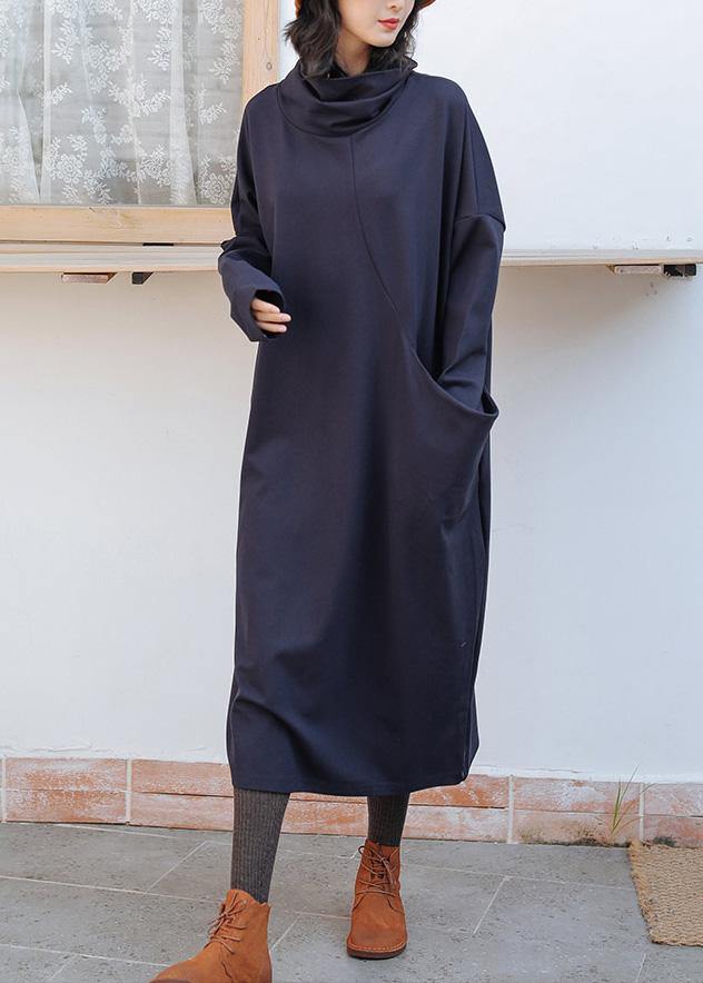 Dark Blue Cotton Tunics High Neck Patchwork Fall Dress
