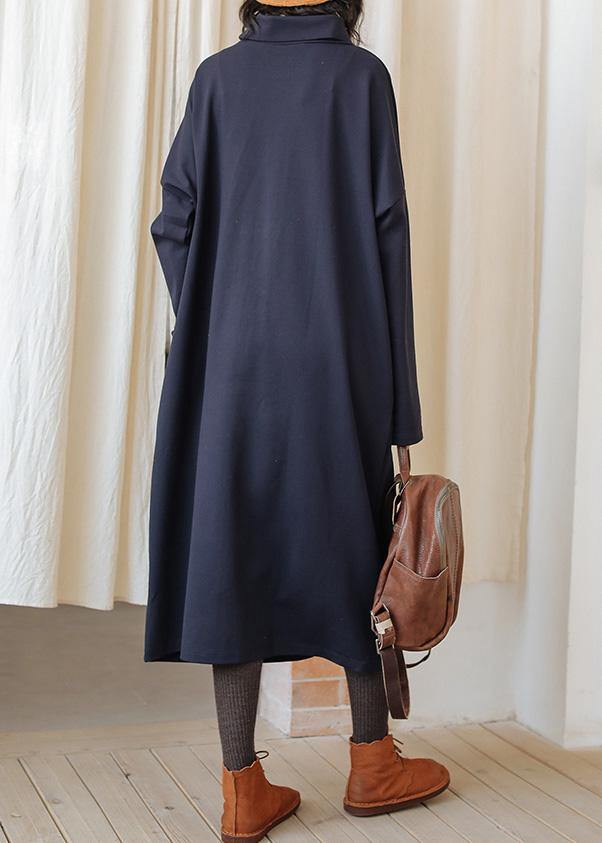 Dark Blue Cotton Tunics High Neck Patchwork Fall Dress