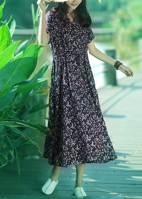 Dark Blue Print Cotton Linen Quilting Clothes V Neck Drawstring Art Summer Dress