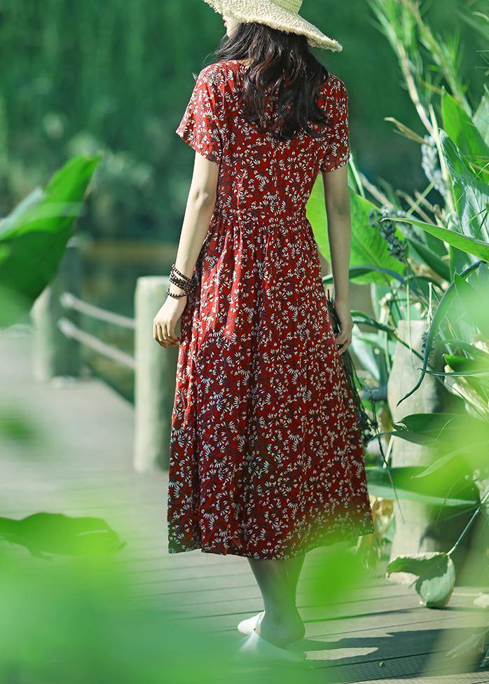 Dark Blue Print Cotton Linen Quilting Clothes V Neck Drawstring Art Summer Dress