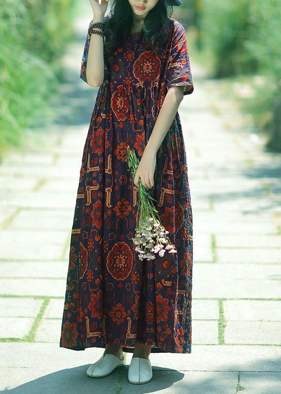 Dark Blue Print Linen Soft Surroundings O Neck Cinched Summer Dress
