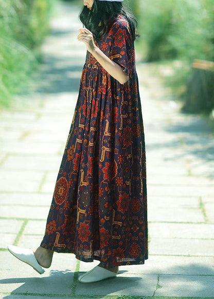 Dark Blue Print Linen Soft Surroundings O Neck Cinched Summer Dress
