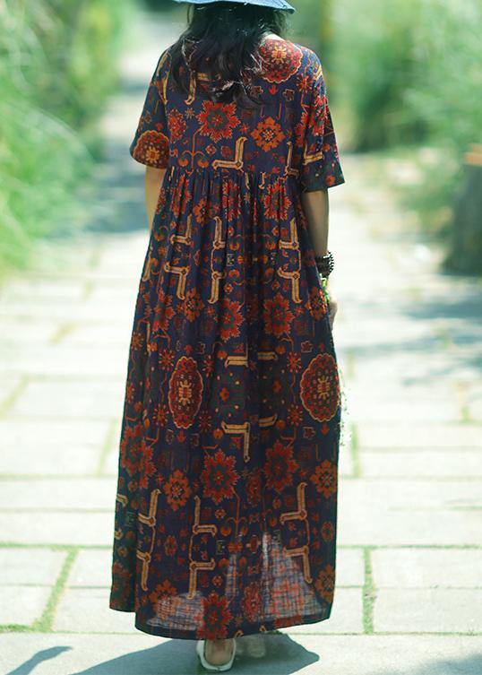 Dark Blue Print Linen Soft Surroundings O Neck Cinched Summer Dress