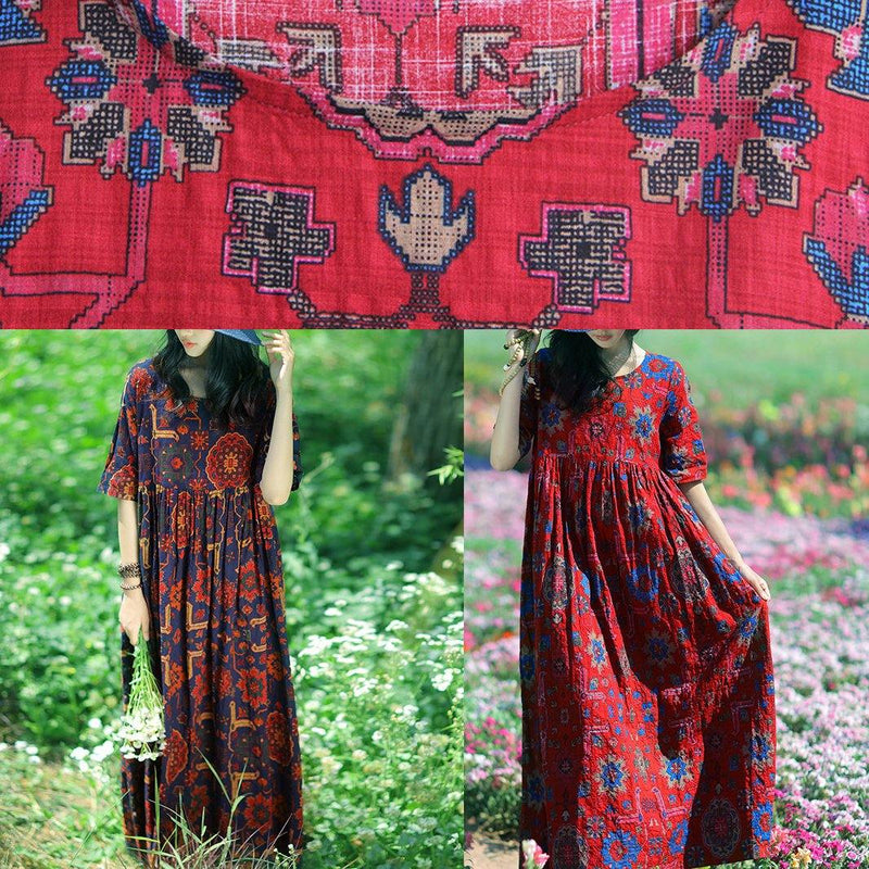 Dark Blue Print Linen Soft Surroundings O Neck Cinched Summer Dress