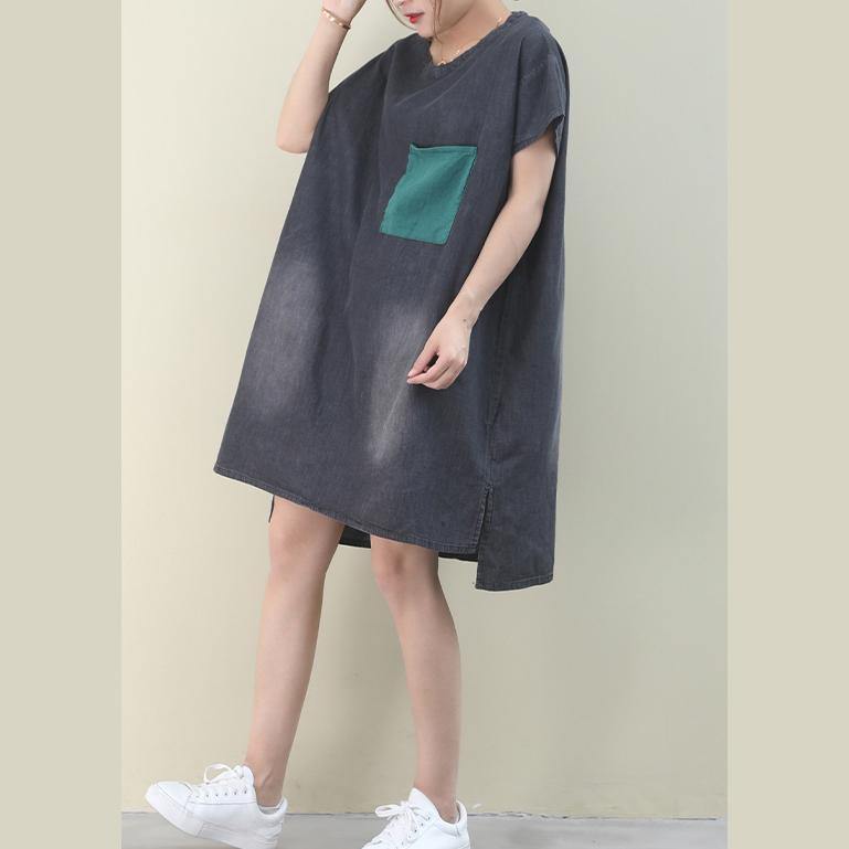 Denim Black Cotton Clothes O Neck Green Pockets Midi Dresses