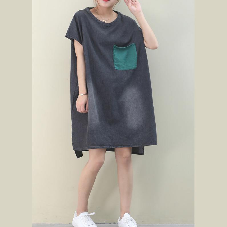 Denim Black Cotton Clothes O Neck Green Pockets Midi Dresses