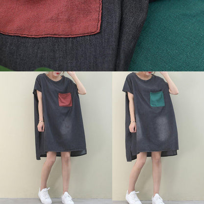 Denim Black Cotton Clothes O Neck Green Pockets Midi Dresses