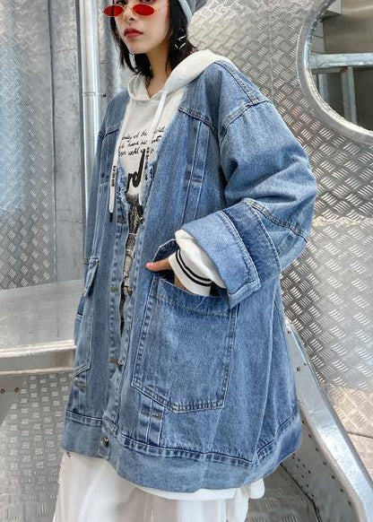 Denim Blue Fine Trench Coat Shape Button Down Outwear
