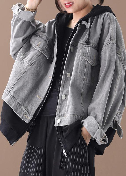 Denim Blue Patchwork Black Fine Tunic Coats Hooded Pockets Coat