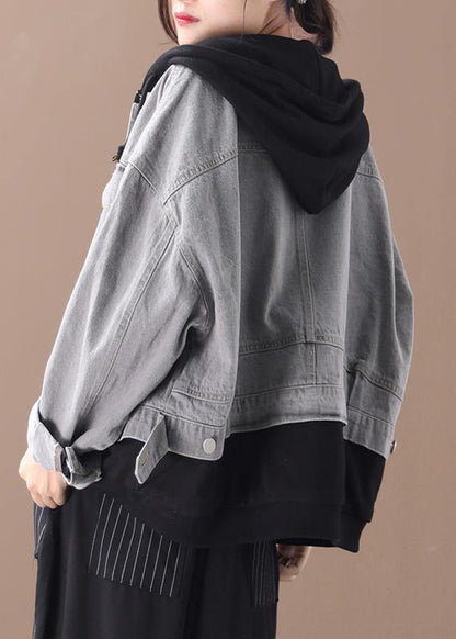 Denim Blue Patchwork Black Fine Tunic Coats Hooded Pockets Coat