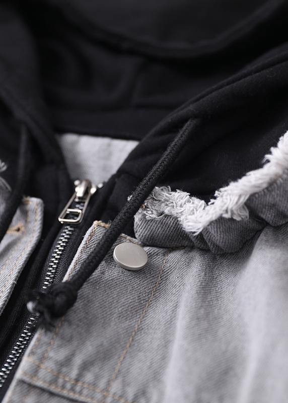 Denim Blue Patchwork Black Fine Tunic Coats Hooded Pockets Coat