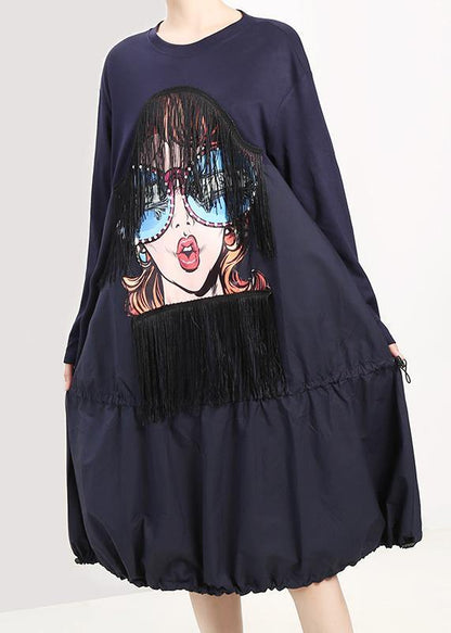 Drawstring Cotton Cartoon Girl Print Clothes Inspiration Blue Maxi Dresses