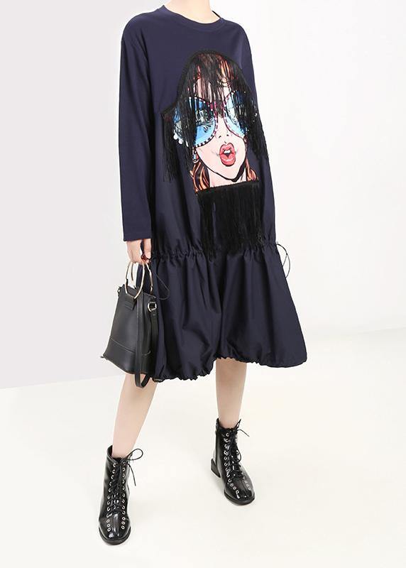 Drawstring Cotton Cartoon Girl Print Clothes Inspiration Blue Maxi Dresses