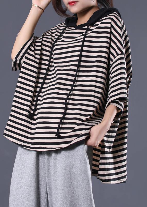 Drawstring Hooded Cotton Tunic Pattern Tunic Tops Black Striped Blouse Summer