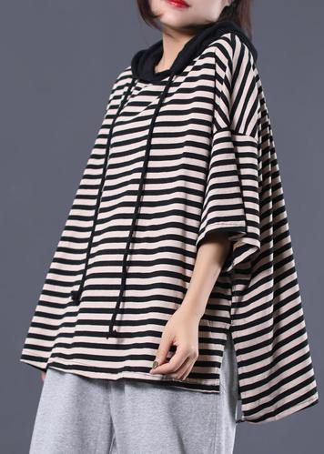 Drawstring Hooded Cotton Tunic Pattern Tunic Tops Black Striped Blouse Summer