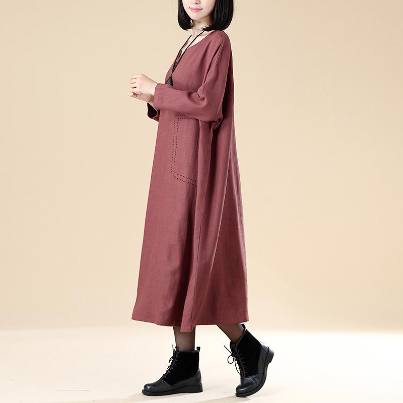 Dresses 18th Century Cotton Linen Autumn Round Neck Long Sleeve Loose Dress