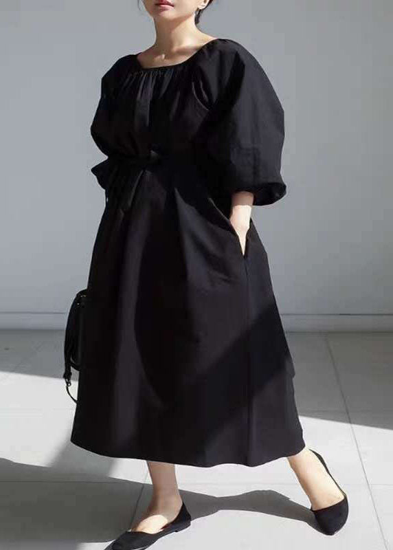 Easy Black Tie Waist Puff Sleeve Cotton Long Dress