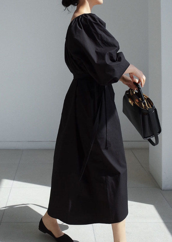 Easy Black Tie Waist Puff Sleeve Cotton Long Dress