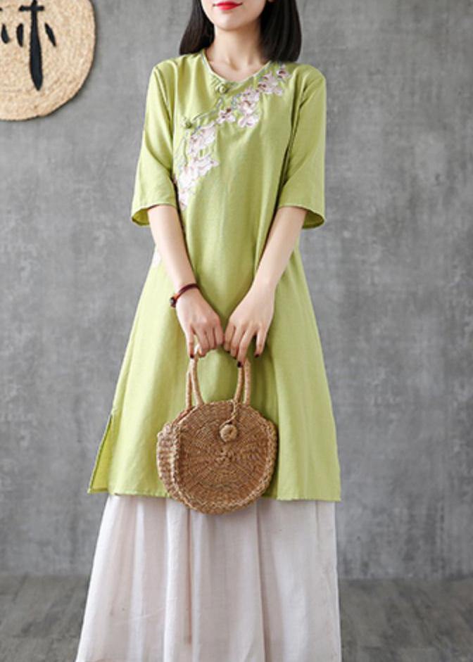 Embroidery Chinese Button Linen Catwalk Green Dress