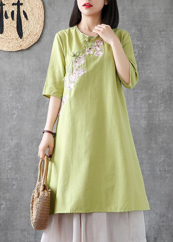 Embroidery Chinese Button Linen Catwalk Green Dress