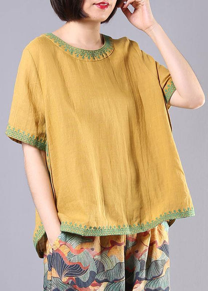 Embroidery Cotton Linen Tunic Yellow Loose Shirts Summer