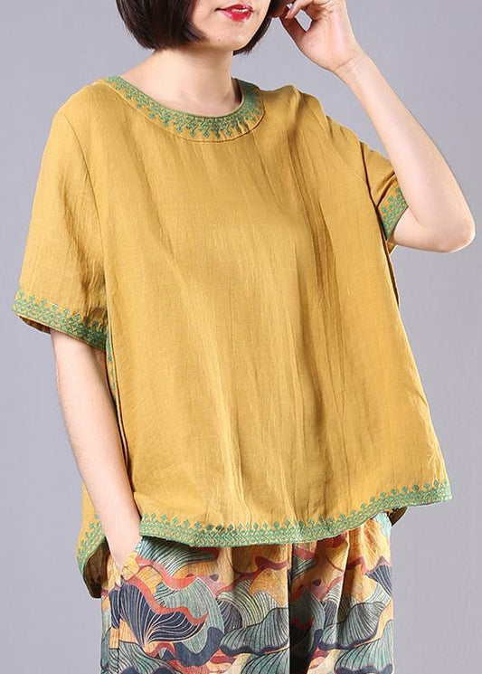 Embroidery Cotton Linen Tunic Yellow Loose Shirts Summer